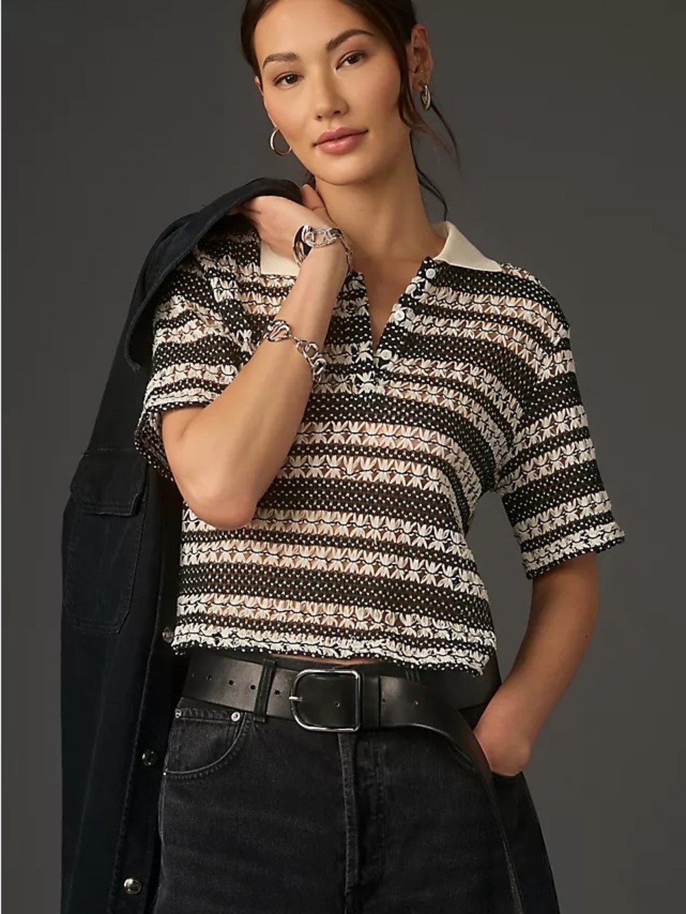 Anthropologie Blue Tassel Crop Knit Polo